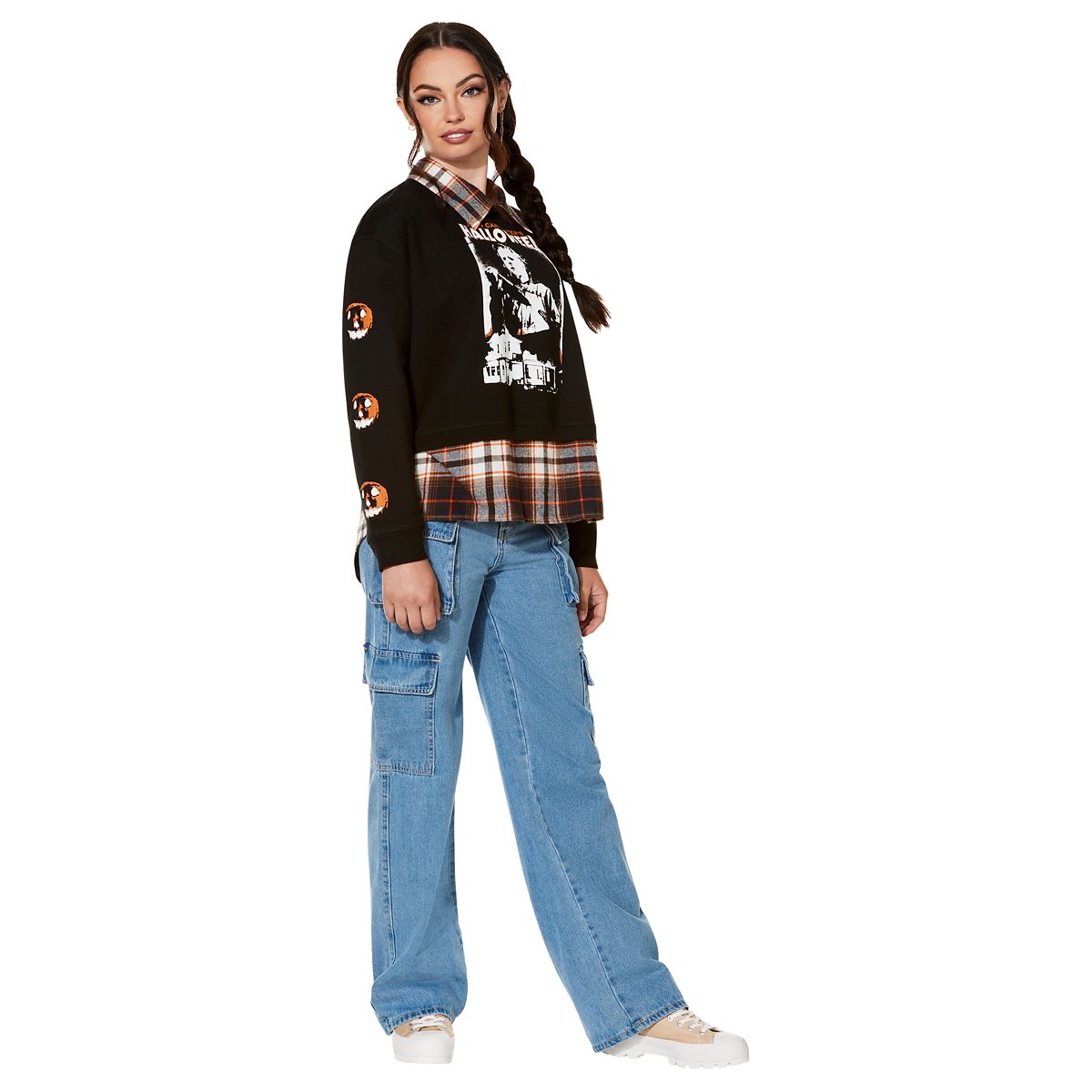 Halloween Plaid Crew Long Sleeve T Shirt BLACK AND ORANGE