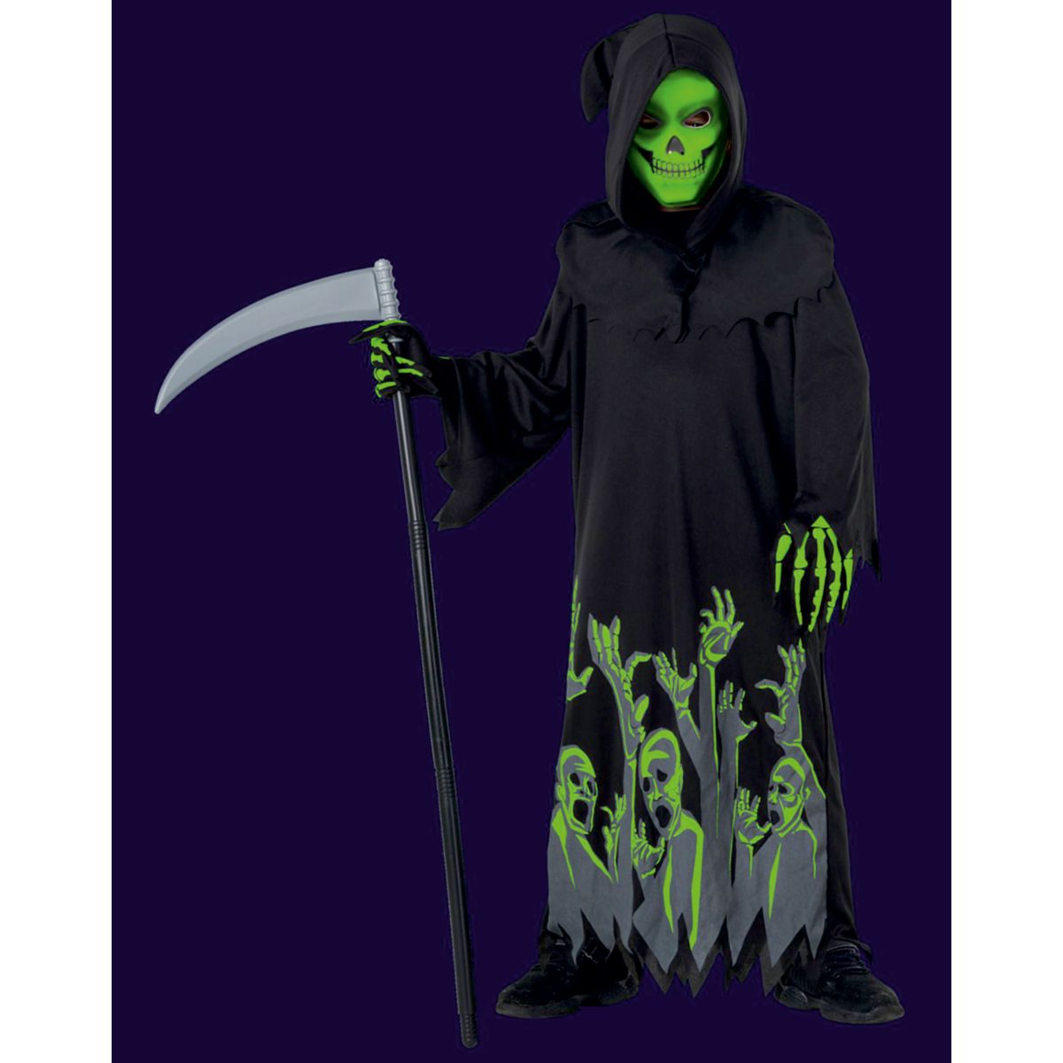 Kids Glow in the Dark Grim Reaper Costume BLACK AND GREEN