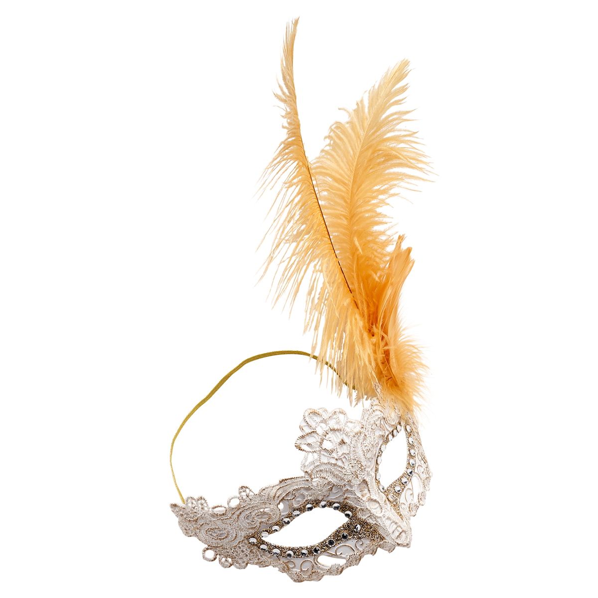 Gold Feather and Lace Eye Half Mask GOLD AND WHITE