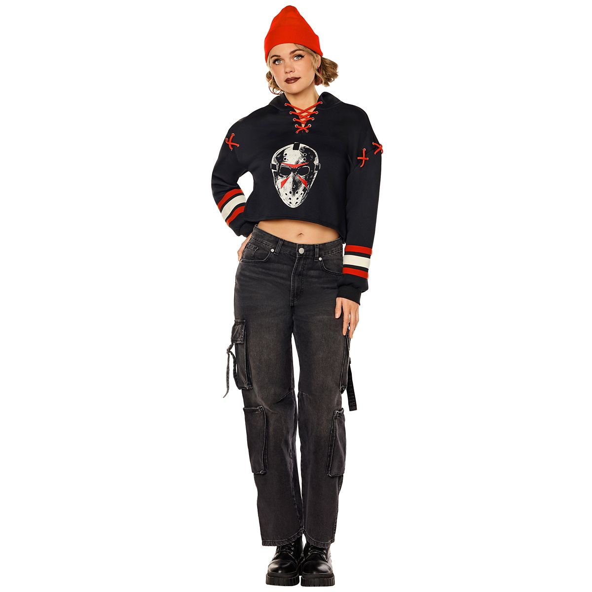 Adult Jason Hockey Mask Lace-Up Hoodie - Jason Universe BLACK AND RED