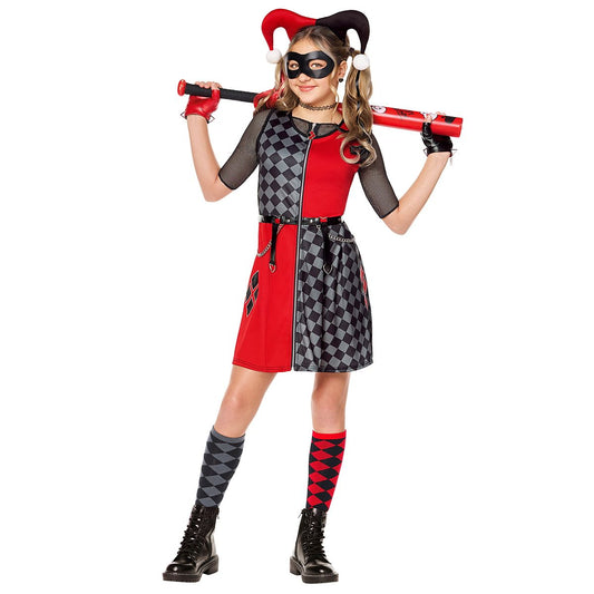 Kids Harley Quinn Checkered Dress Costume - DC Villains BLACK AND RED