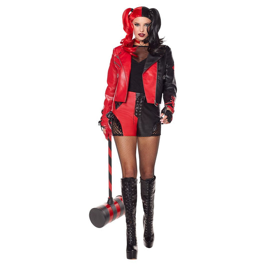 Adult Harley Quinn Faux Leather Jacket - DC Villains BLACK AND RED