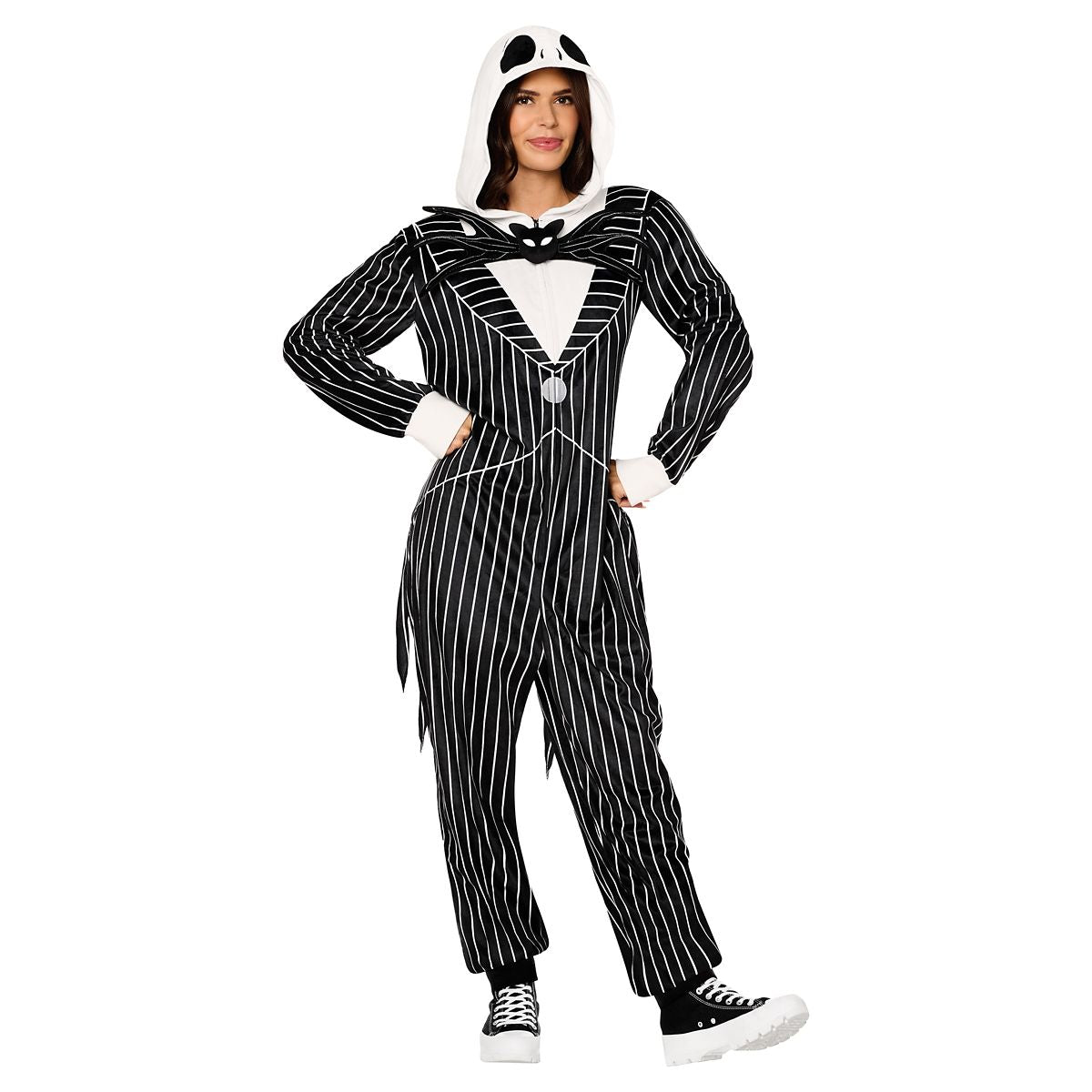 Adult Jack Skellington Hooded Plush Jumpsuit Costume -  The Nightmare Before Christmas BLACK AND WHITE