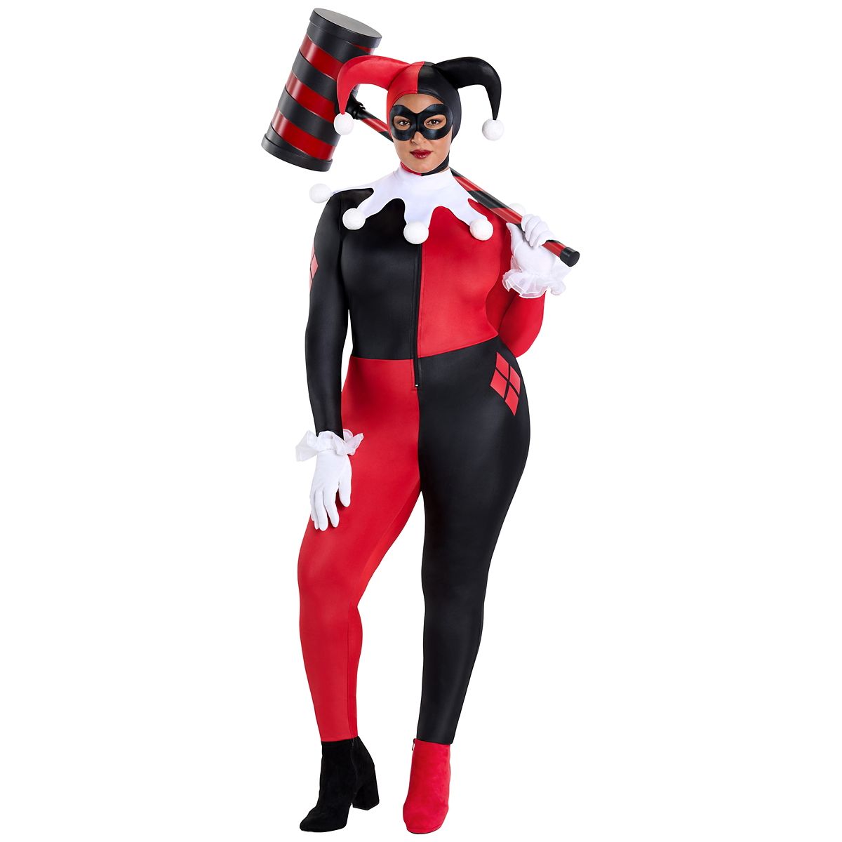 Adult Harley Quinn Plus Size Catsuit Costume - DC Villains BLACK AND RED