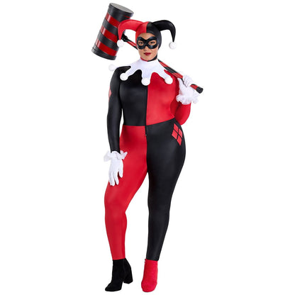 Adult Harley Quinn Plus Size Catsuit Costume - DC Villains BLACK AND RED