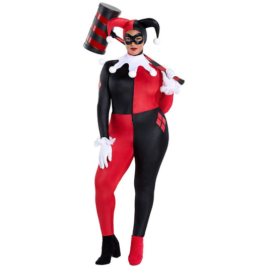 Adult Harley Quinn Plus Size Catsuit Costume - DC Villains BLACK AND RED