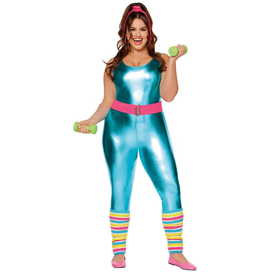 Adult Classic Barbie Plus Size Aerobics Catsuit Costume BLUE