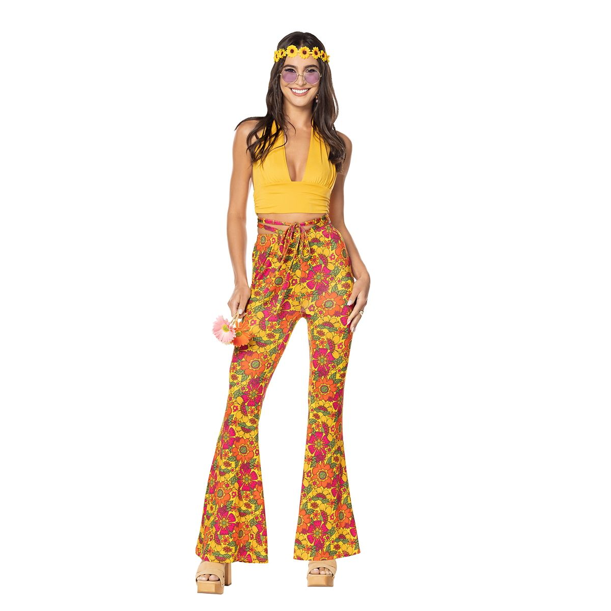 Adult Yellow Flower Bell Bottom Pants MULTI-COLOR