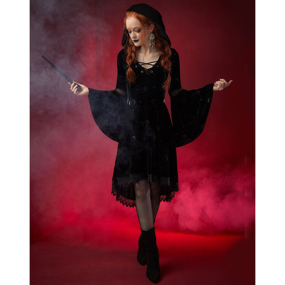Celestial Coven Hooded Velvet Dress BLACK