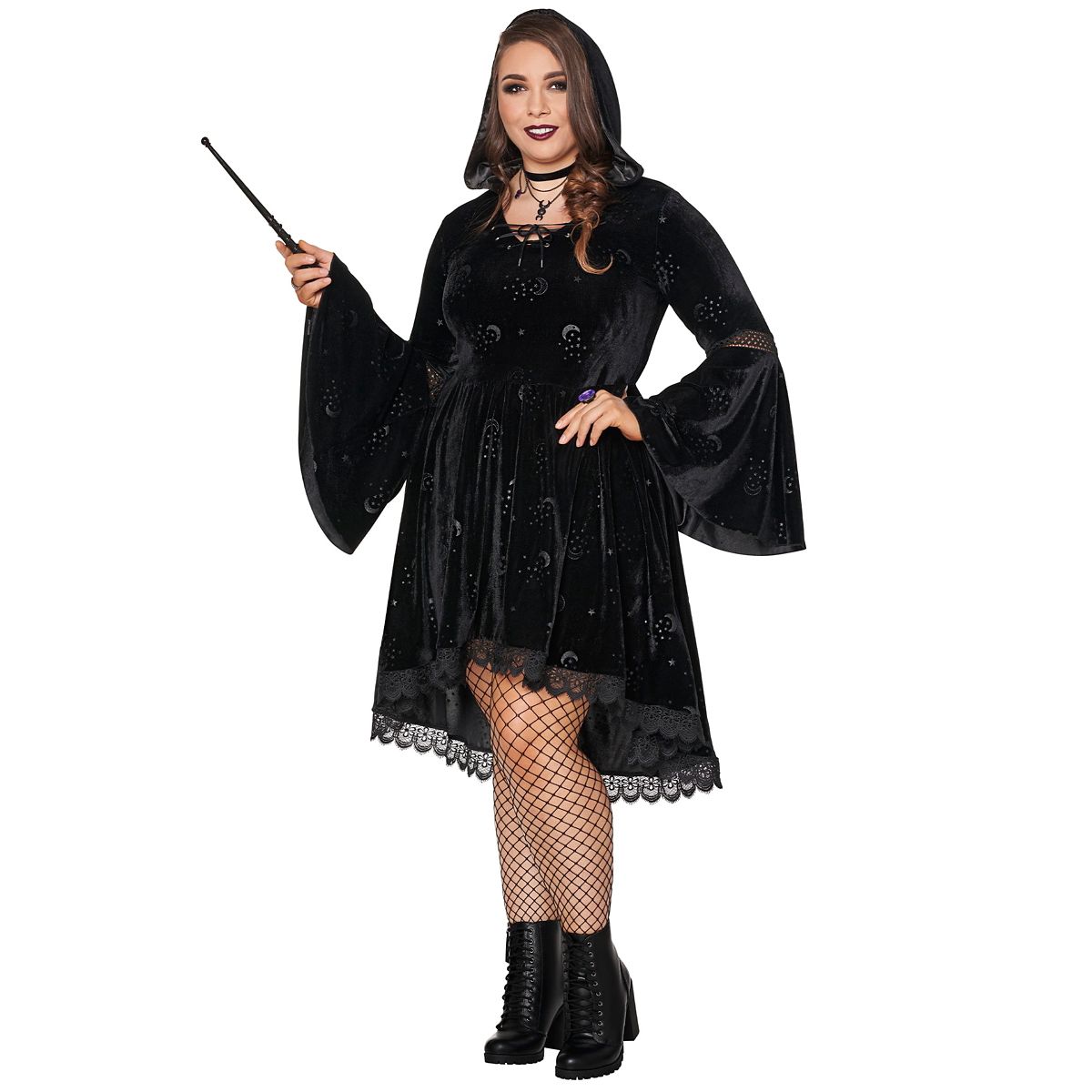 Celestial Coven Hooded Velvet Dress BLACK