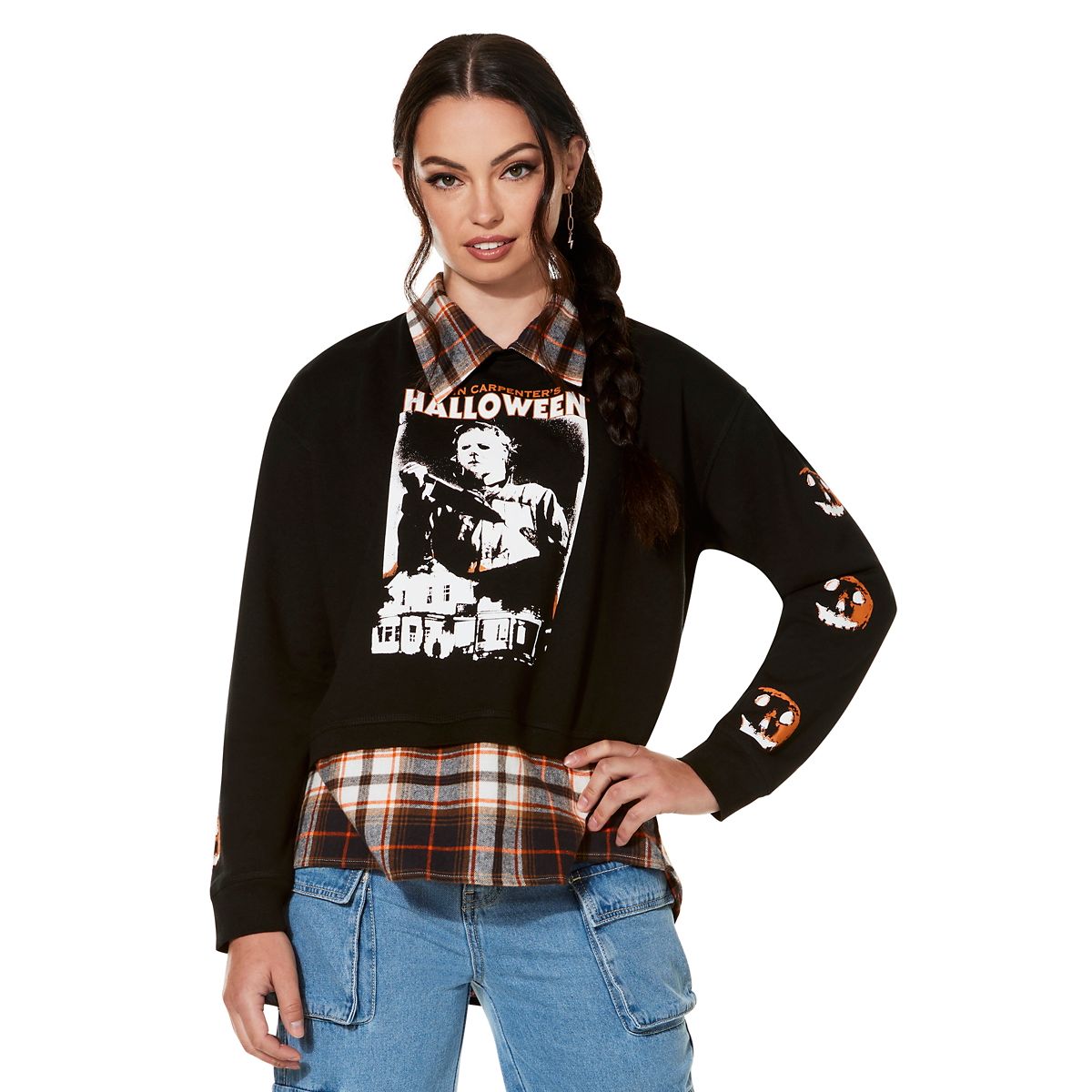 Halloween Plaid Crew Long Sleeve T Shirt BLACK AND ORANGE