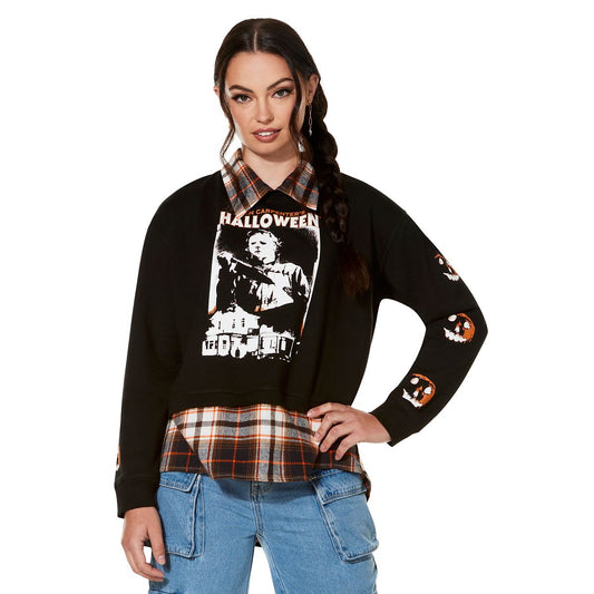 Halloween Plaid Crew Long Sleeve T Shirt BLACK AND ORANGE