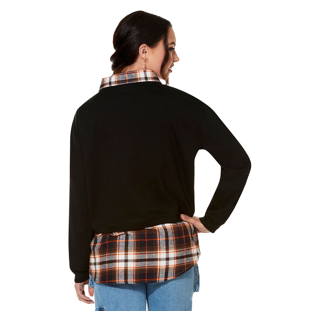 Halloween Plaid Crew Long Sleeve T Shirt BLACK AND ORANGE
