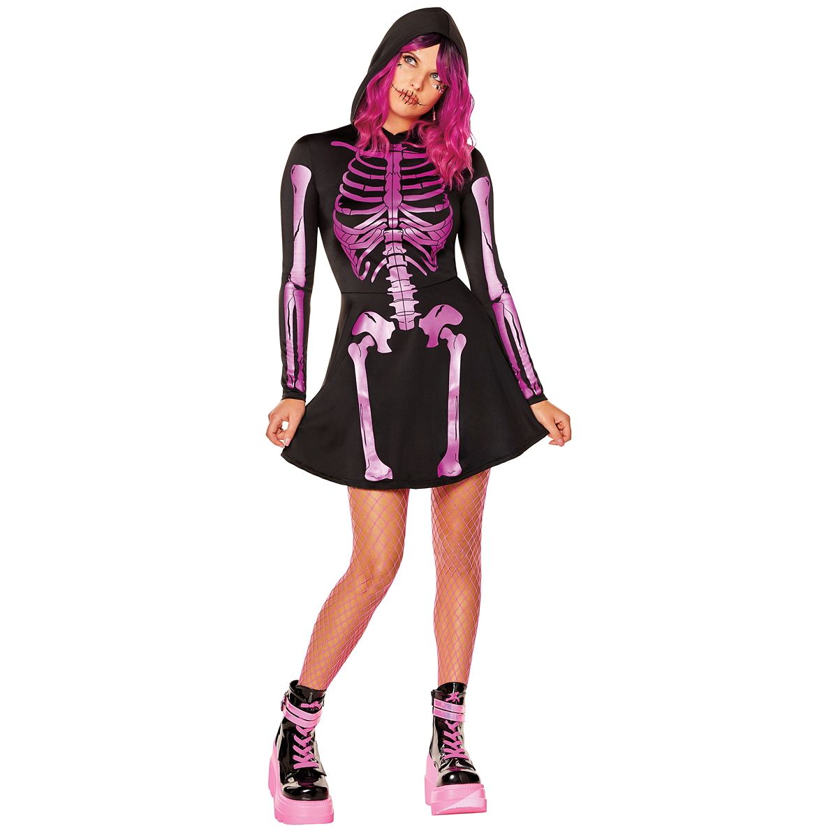 Adult Neon Pink Skeleton Hooded Dress BLACK AND PINK