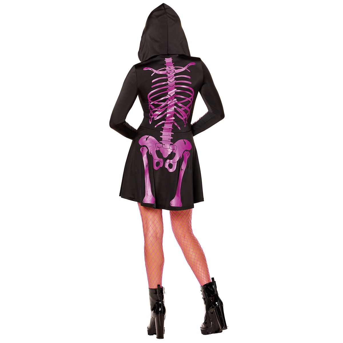 Adult Neon Pink Skeleton Hooded Dress BLACK AND PINK