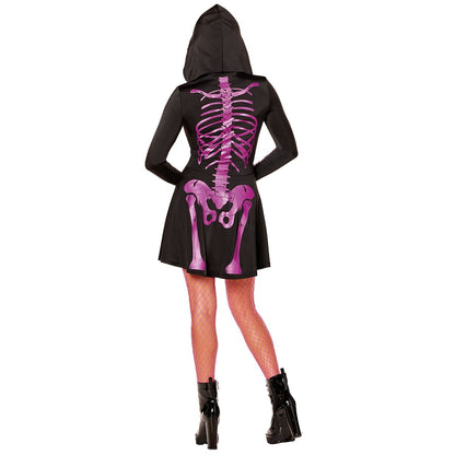 Adult Neon Pink Skeleton Hooded Dress BLACK AND PINK