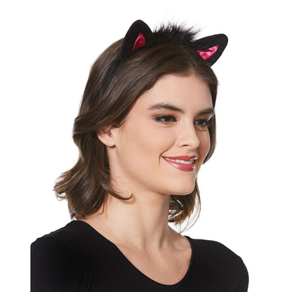 Faux Fur Black and Pink Cat Ear Headband BLACK AND PINK
