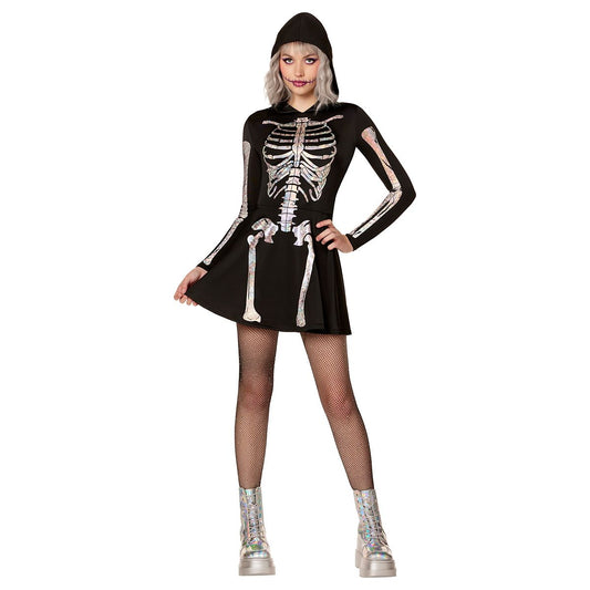 Adult Holographic Skeleton Hooded Dress BLACK AND SILVER