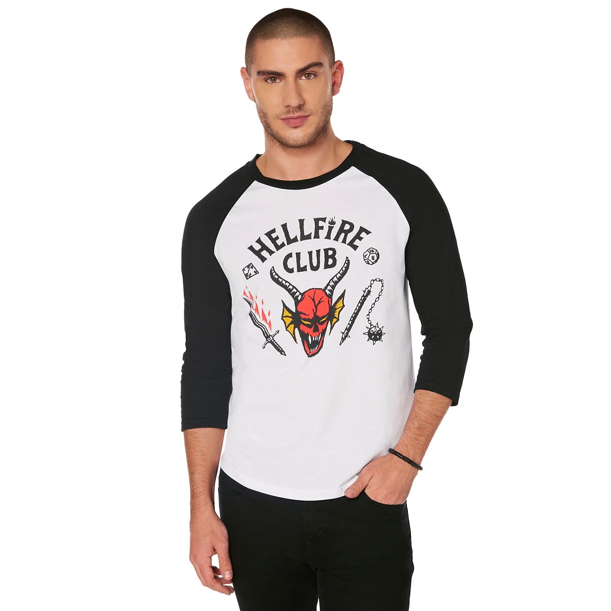 Adult Hellfire Raglan T Shirt - Stranger Things BLACK AND WHITE