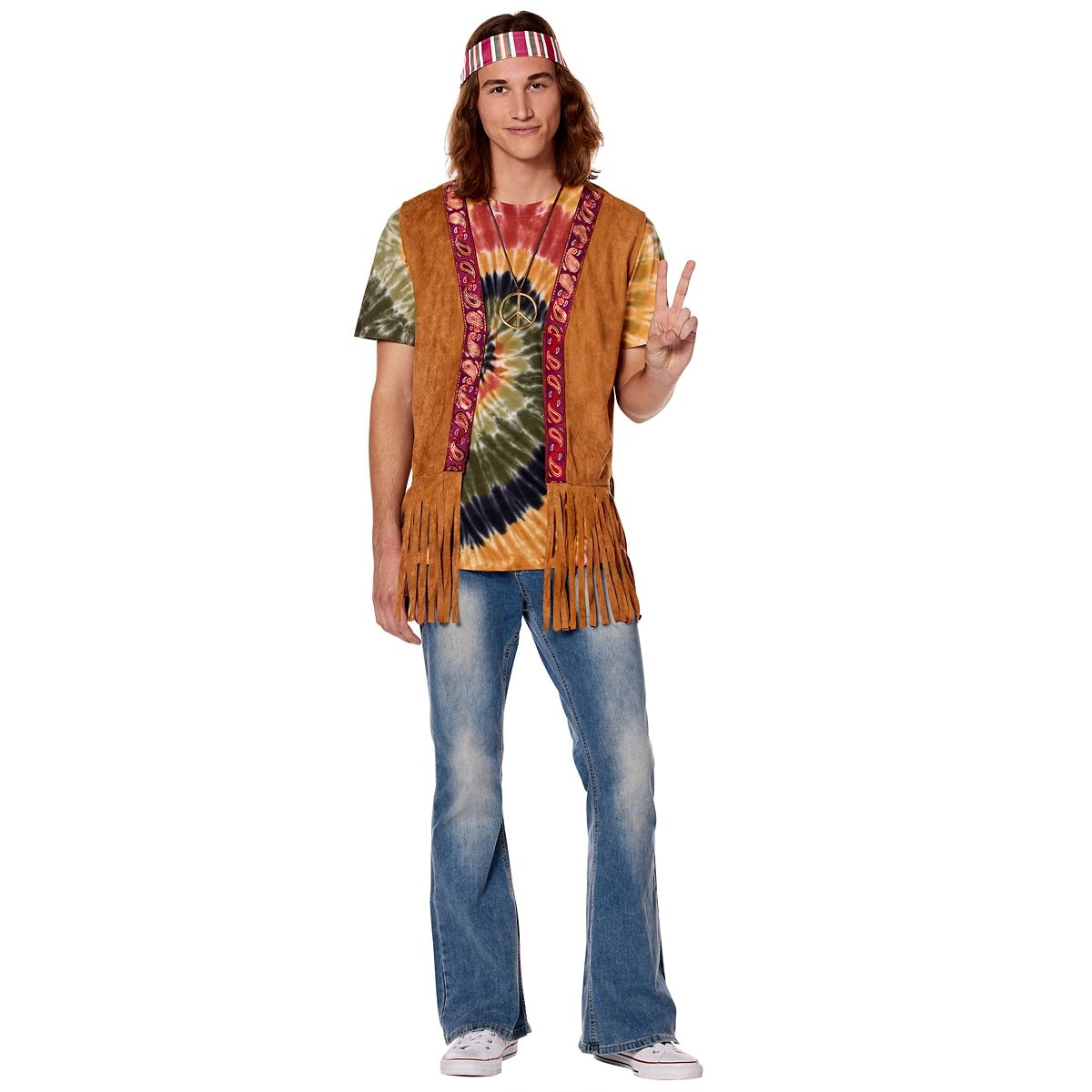 Adult Peace Hippie Fringe Vest TAN