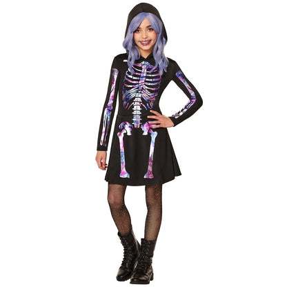 Kids Pastel Skeleton Hooded Dress Costume BLACK