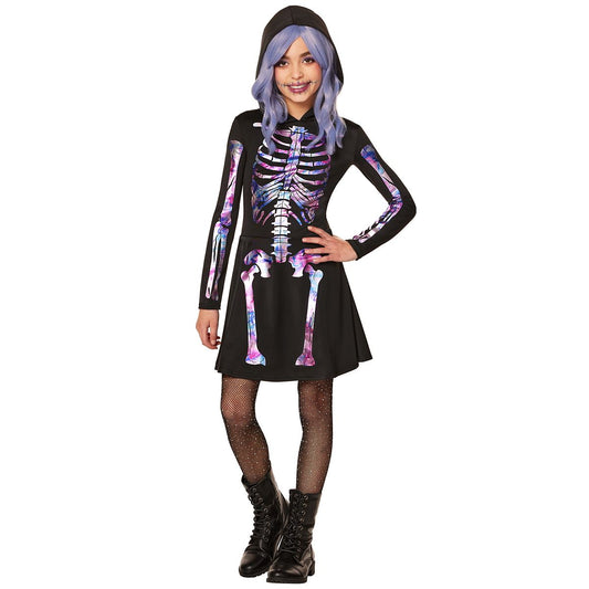 Kids Pastel Skeleton Hooded Dress Costume BLACK