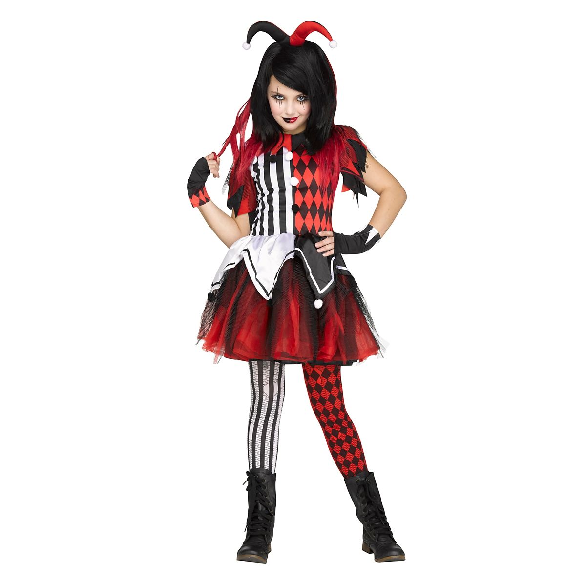 Kids Horror Harlequin Costume RED/WHITE/BLACK