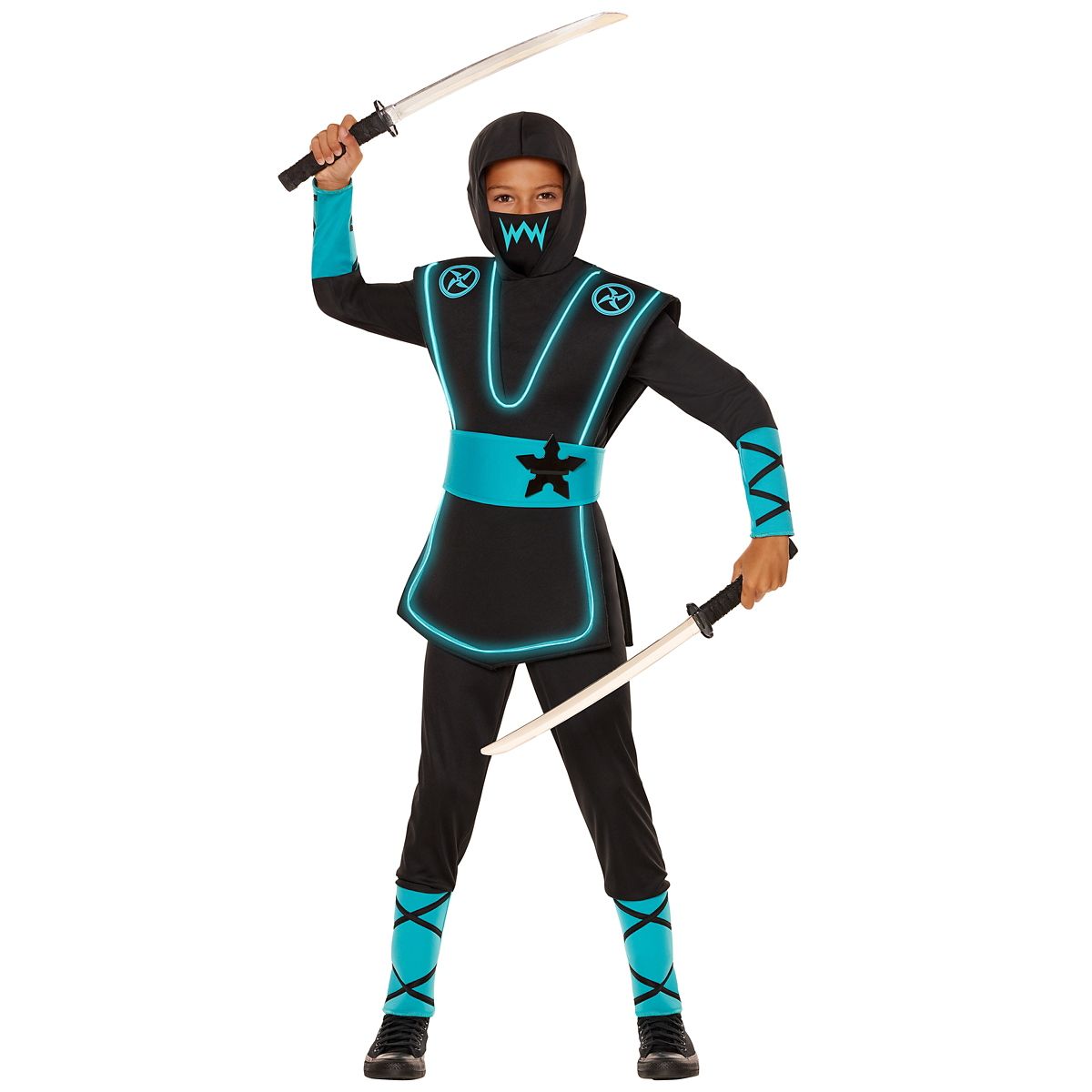 Kids Blue Light-Up EL Wire Ninja Costume BLACK AND  BLUE