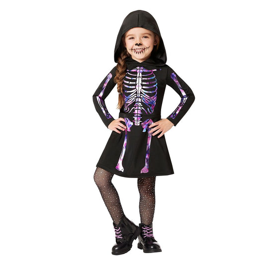 Toddler Pastel Skeleton Hooded Dress Costume BLACK AND PURPLE