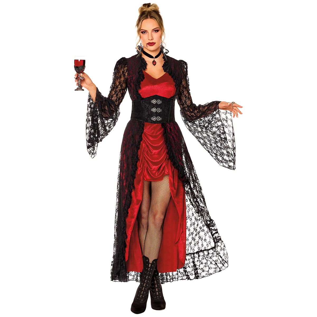 Adult Vampire Lace Dress Costume BLACK AND RED