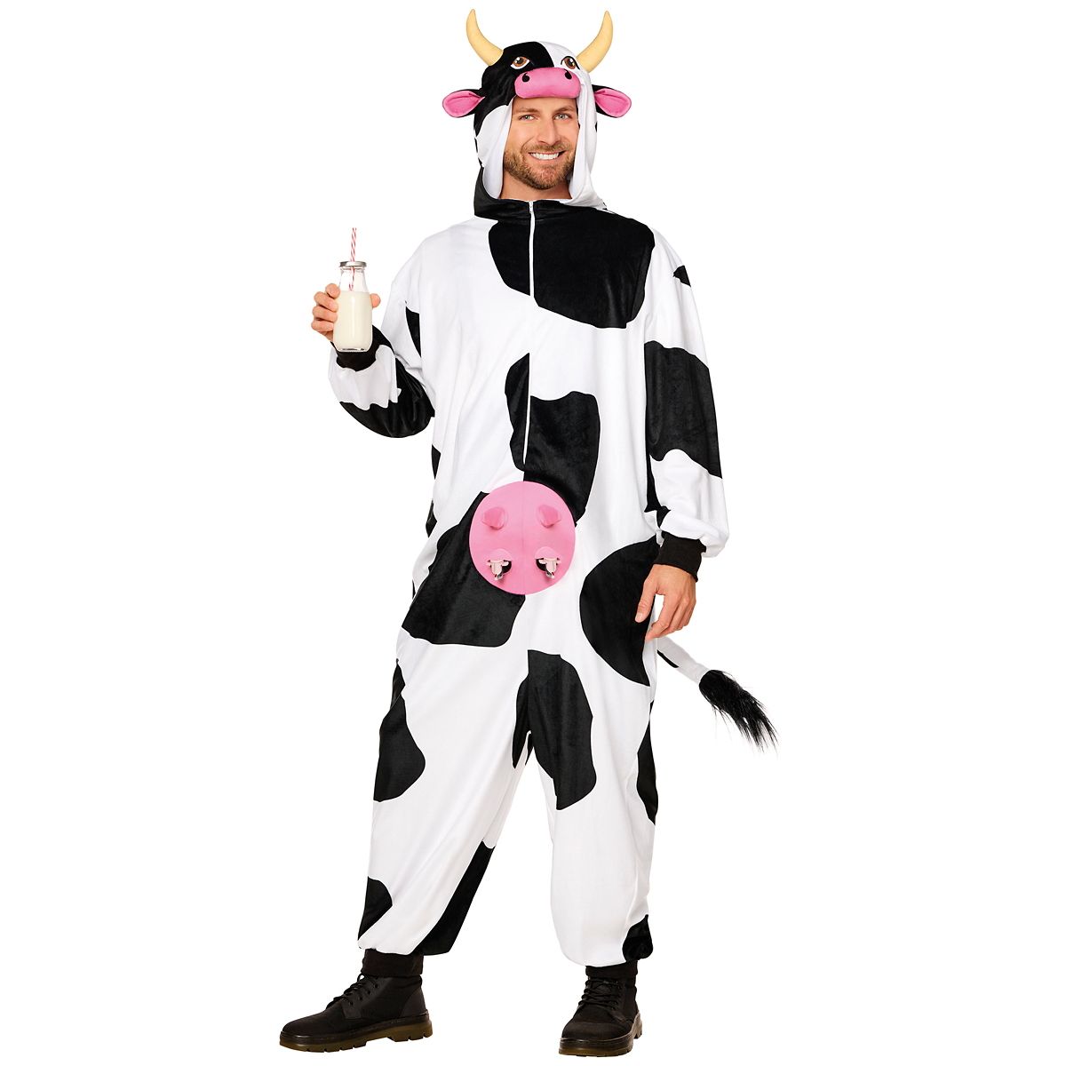 Adult Udderly Awesome Cow Jumpsuit Costume BLACK AND WHITE