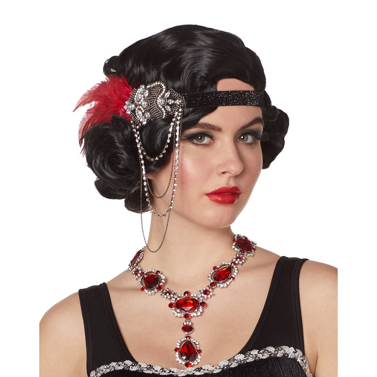 20s Beaded Feather Headband BURGUNDY