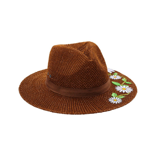 60s Flower Embroidered Hippie Hat BROWN