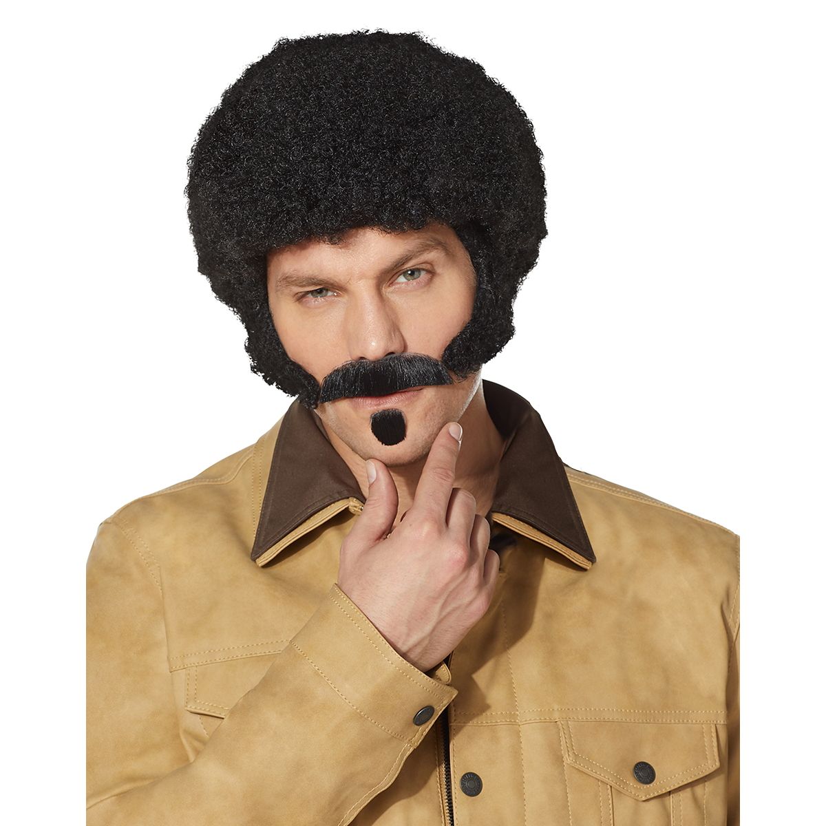70s Black Curly Wig With Mustache BLACK