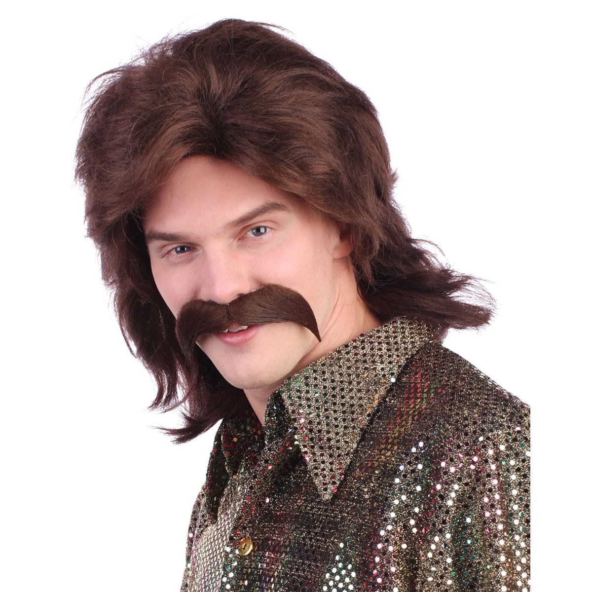 70s Brown Wig With Mustache BROWN