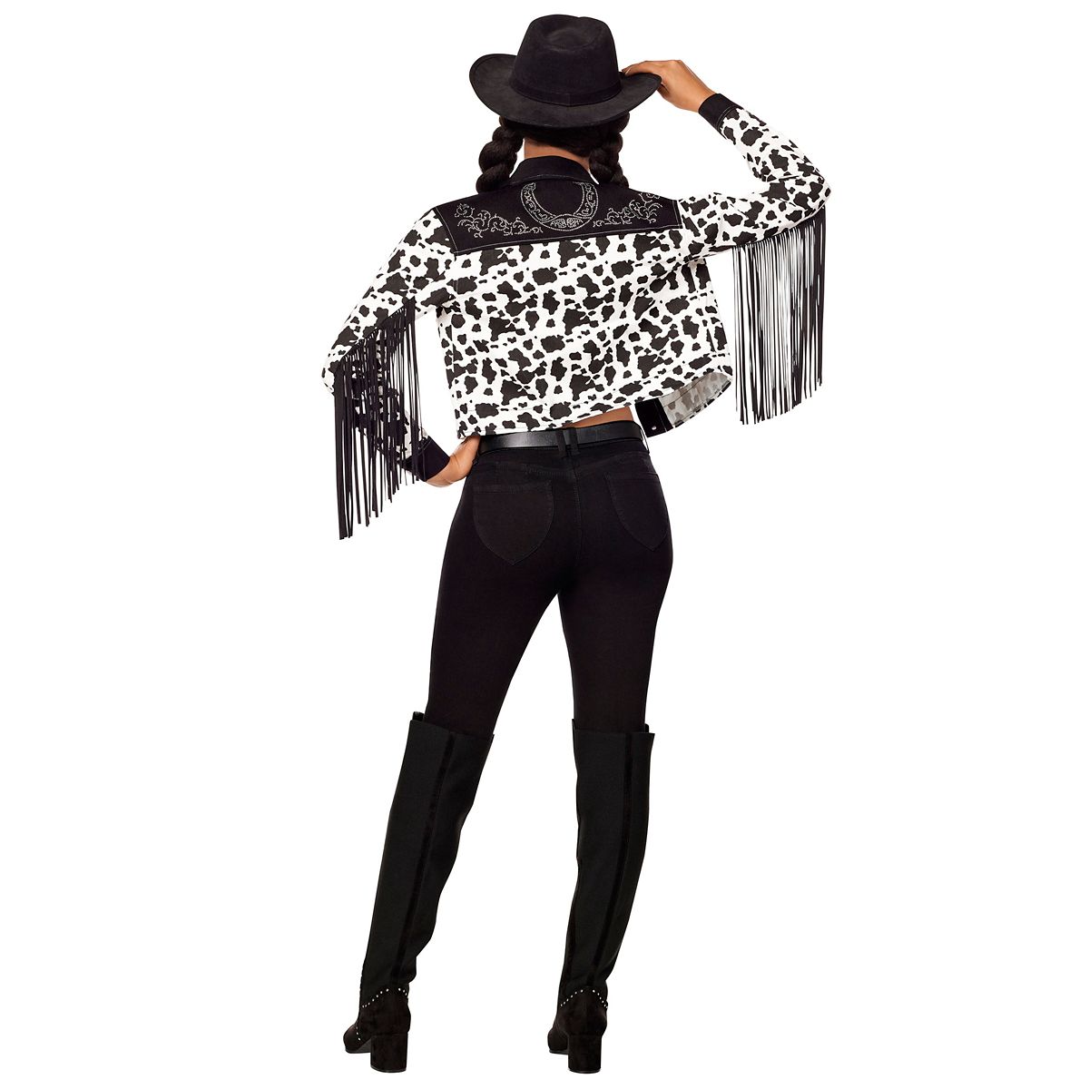 Adult Western Cow Print Fringe Jacket BLACK AND WHITE