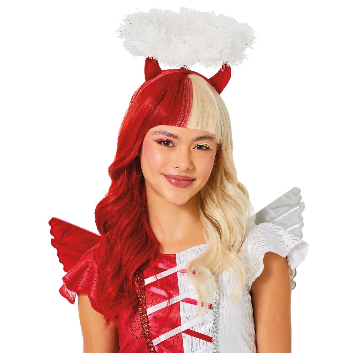 Kids Heat Resistant Angel Devil Split Wig RED AND WHITE