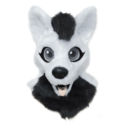 Gray Fox Furry Head Full Mask BLACK AND WHITE