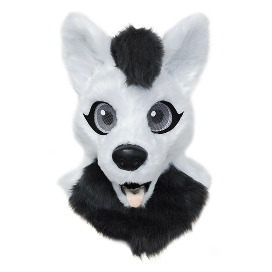 Gray Fox Furry Head Full Mask BLACK AND WHITE