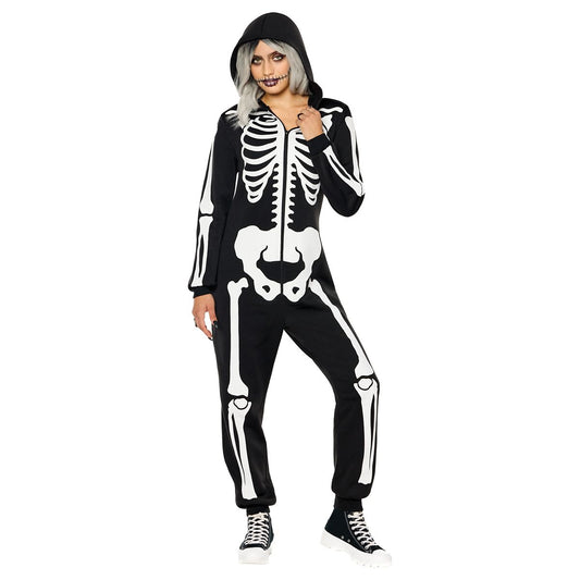 Adult Skeleton Hooded Jumpsuit Costume BLACK