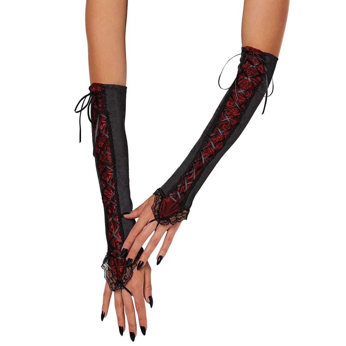 Gothic Velvet Embossed Gloves BLACK AND RED