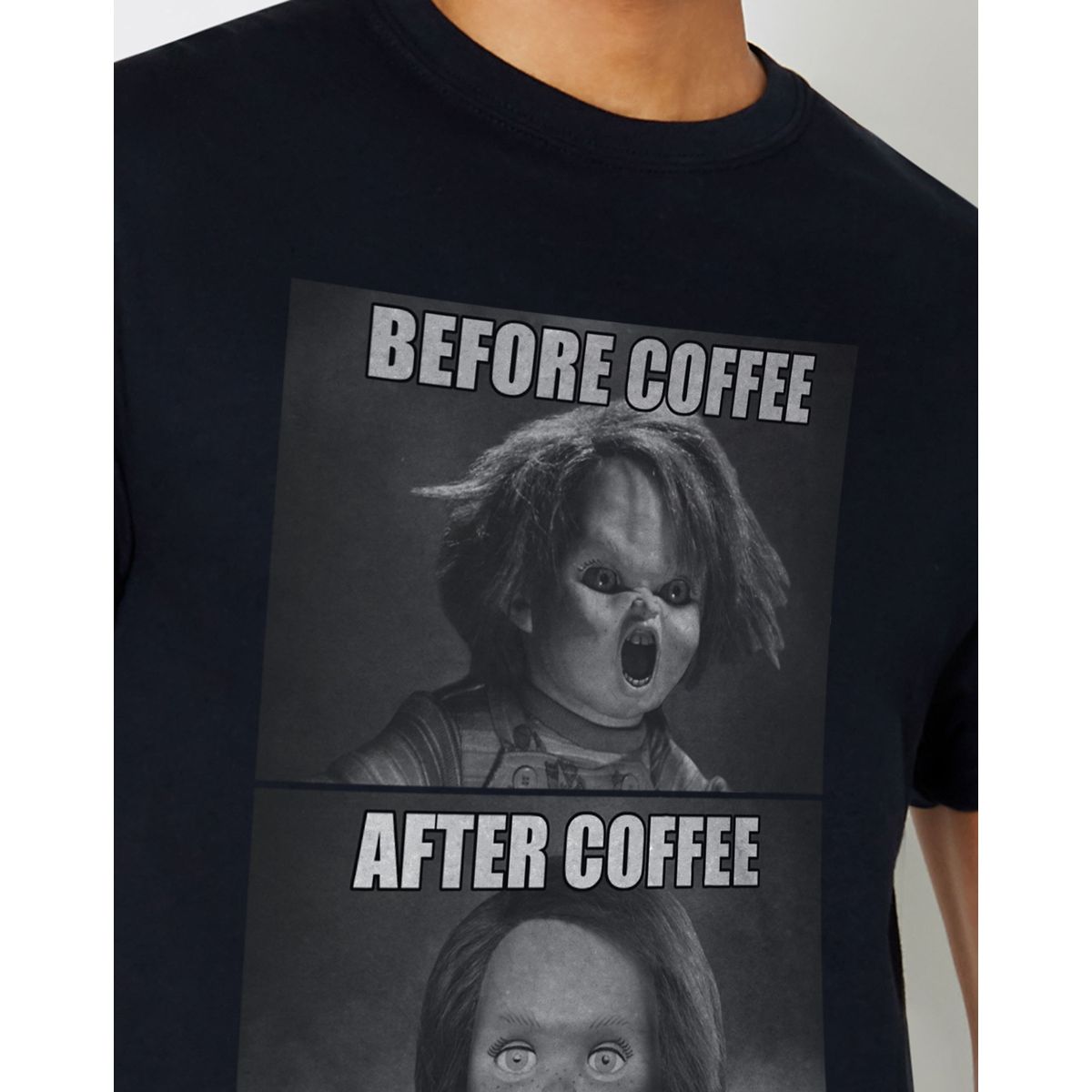 Chucky Before and After Coffee T Shirt BLACK