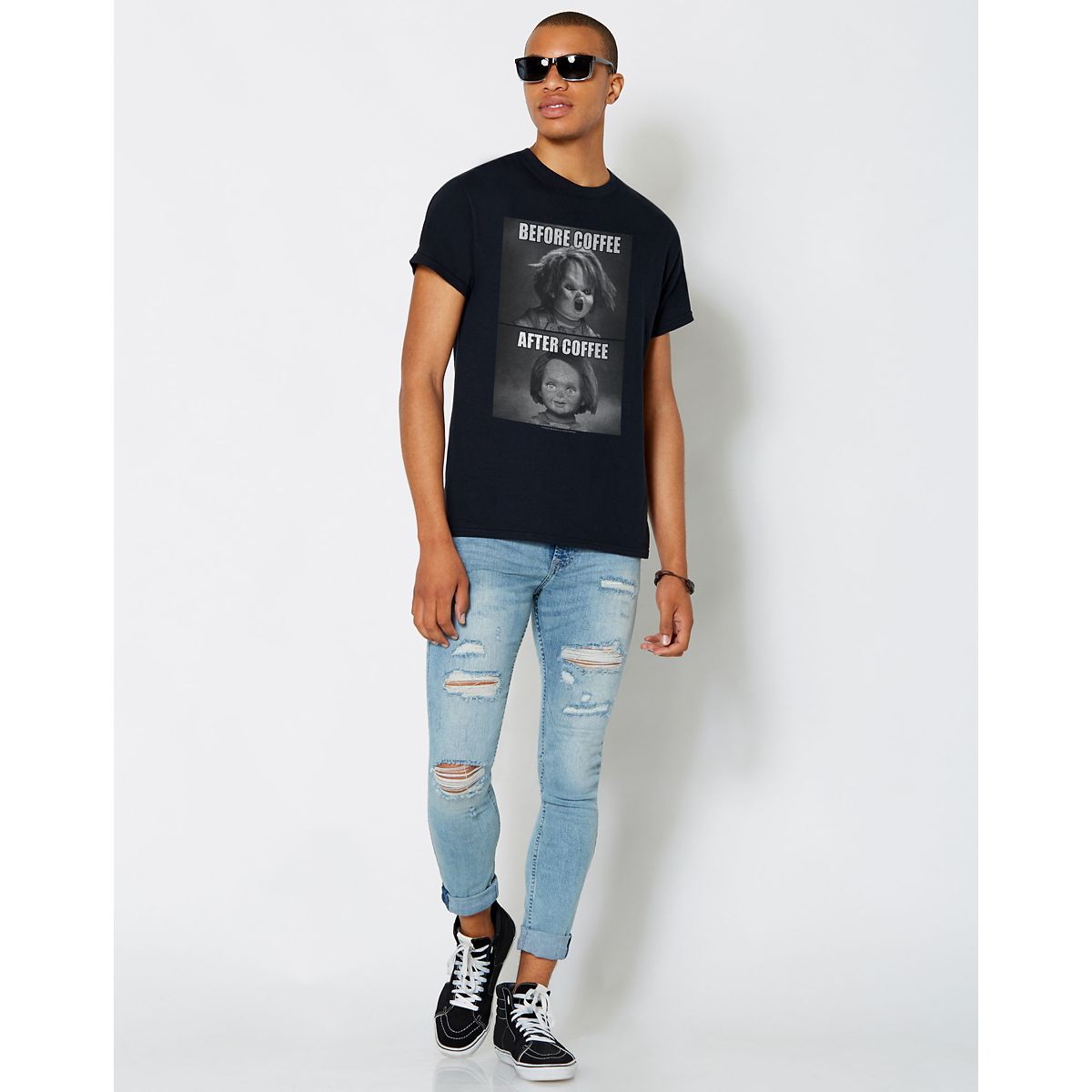 Chucky Before and After Coffee T Shirt BLACK