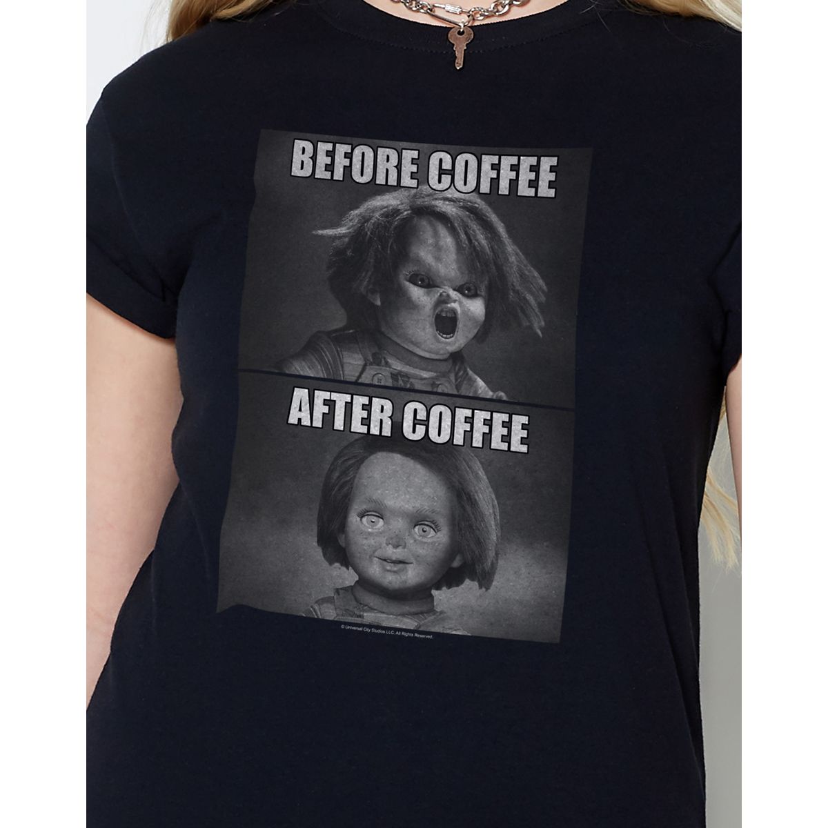 Chucky Before and After Coffee T Shirt BLACK