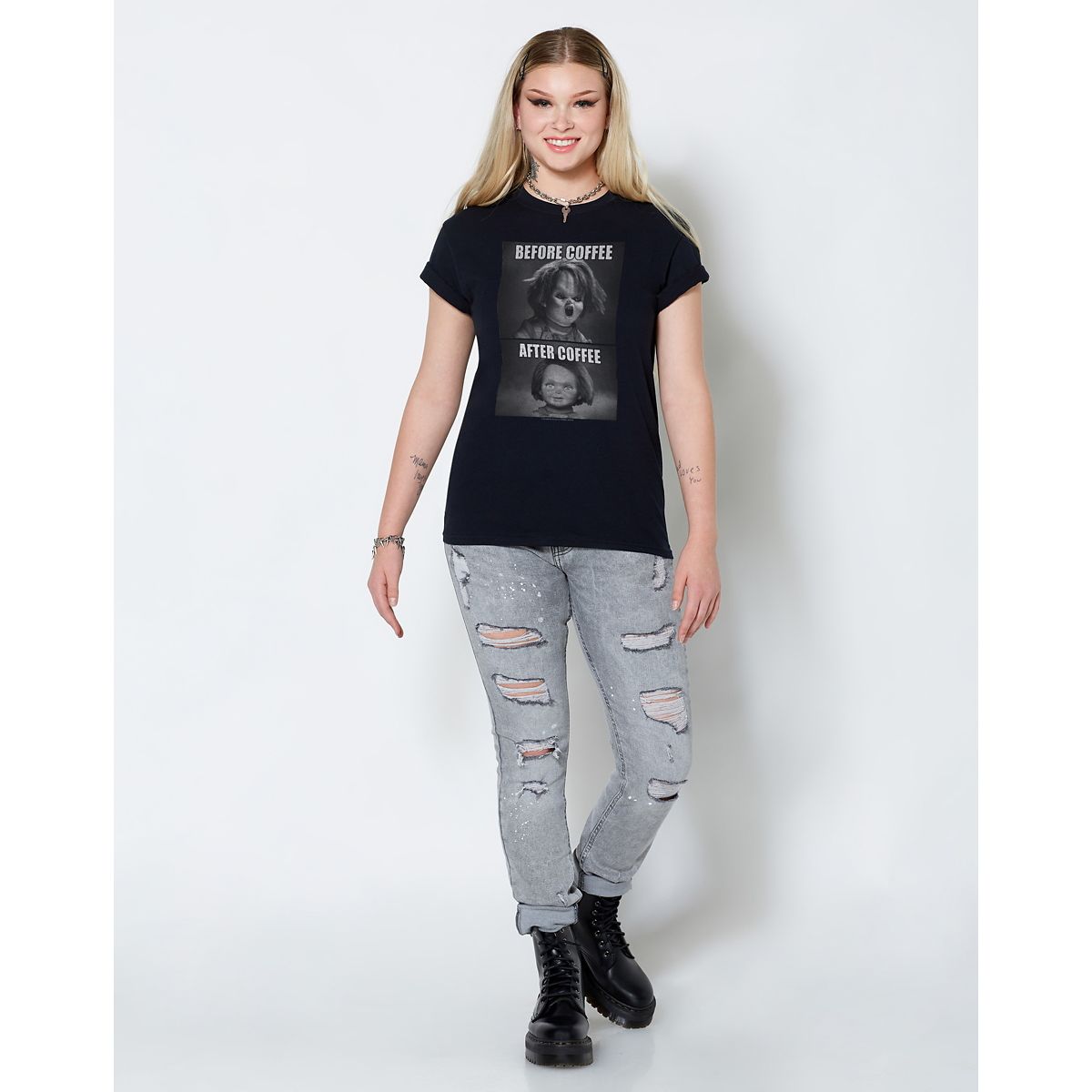 Chucky Before and After Coffee T Shirt BLACK
