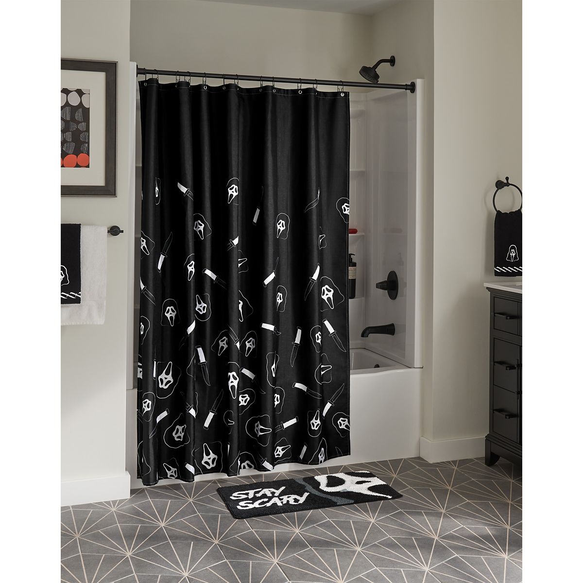 Ghost Face Knife Print Shower Curtain BLACK AND WHITE