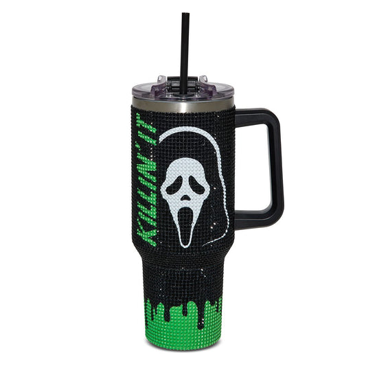 Ghost Face Killin' It Green Rhinestone Travel Tumbler with Straw - 40 oz. BLACK AND GREEN