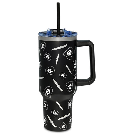 Ghost Face Metallic Knife Print Travel Tumbler with Straw - 40 oz. BLACK AND WHITE