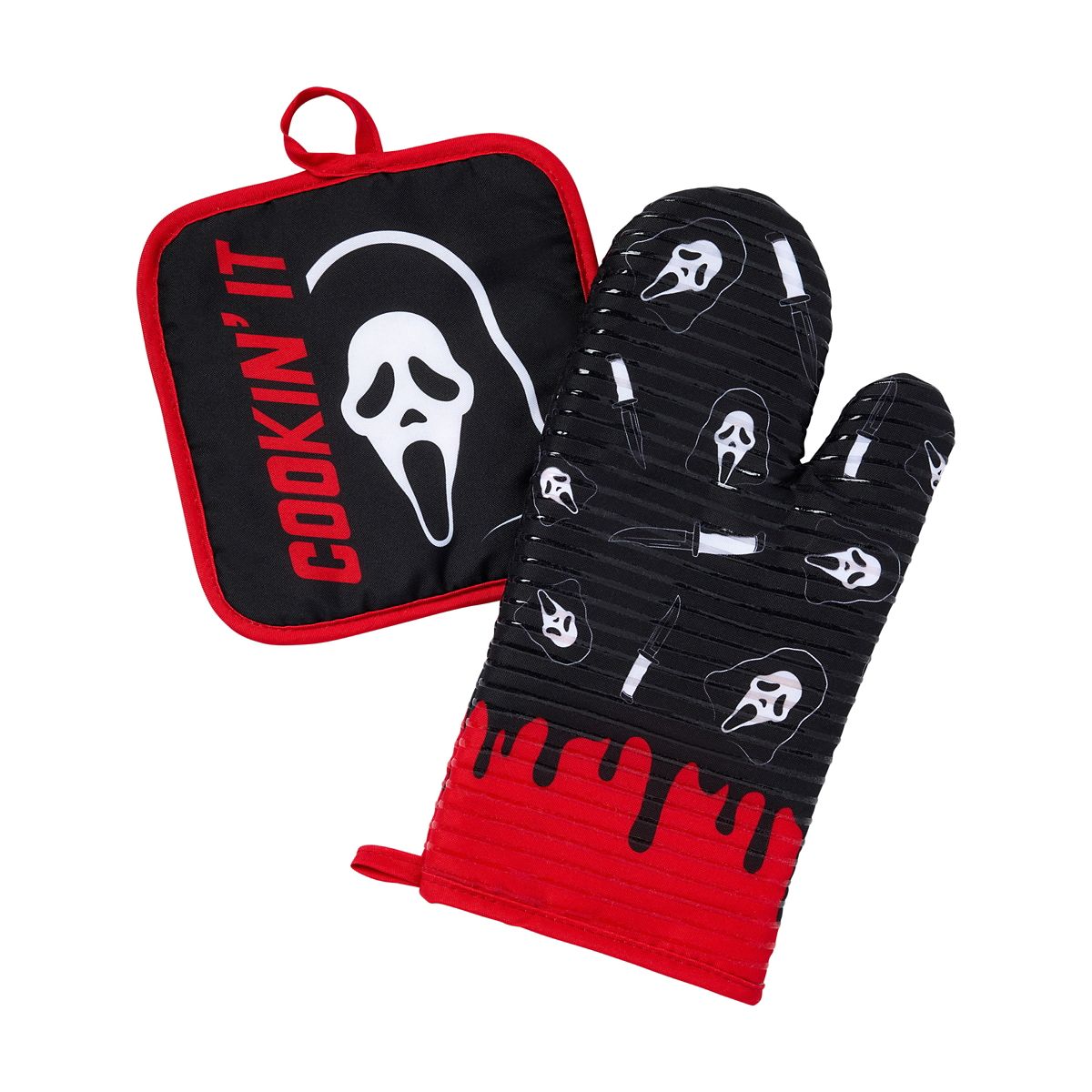 Ghost Face Oven Mitt and Pot Holder Set RED/WHITE/BLACK