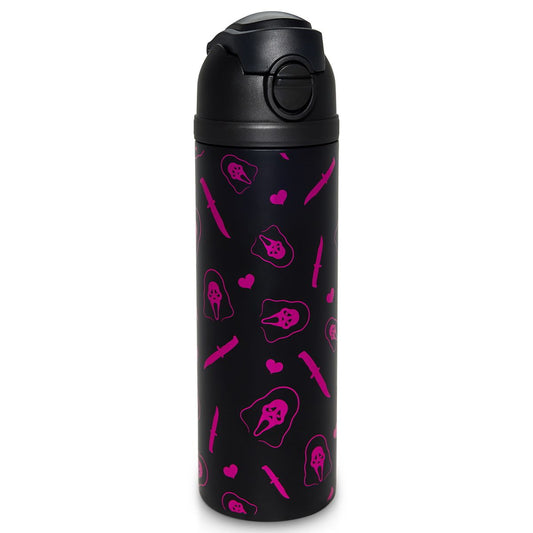 Ghost Face Heart Print Water Bottle - 24 oz. BLACK AND PINK